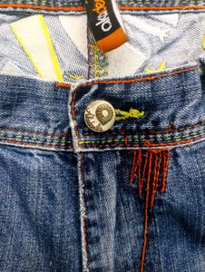 Stylish Blue Denim Jeans with Yellow Accents