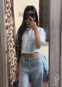 zudio Baby Blue Cropped Button-Up Shirt