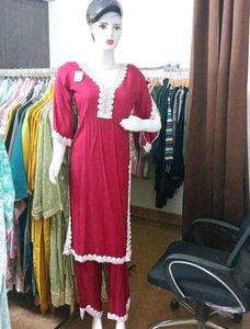 Maroon Kurta Set with White Lace Trim