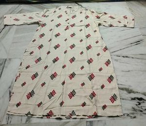Cream Kurta with Red &amp; Grey Print