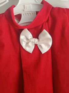 Dark Red Velvet A Line Frock With White Bow