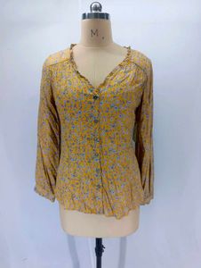 Yellow Floral Print Button-Up Blouse