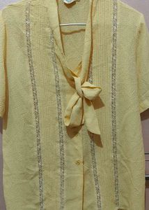 Chic Yellow Blouse with Bow Tie Neck