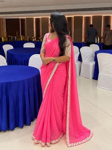 Party Beaded Pink Saree with Sequins Blouse