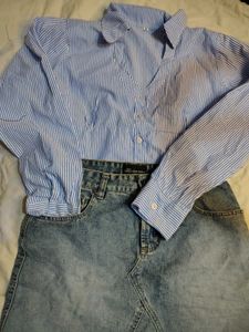 Retro Striped Button-Up &amp; Denim Skirt Set