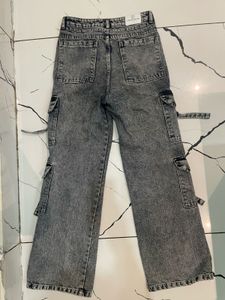 Women's Grey Acid Wash Cargo Jeans