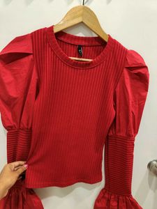 *New arrival*Red Puff Sleeve Ribbed Top