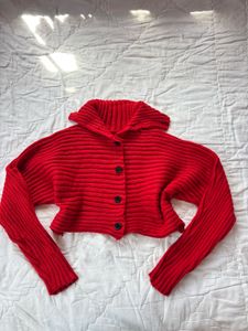 Red Cropped Knit Cardigan