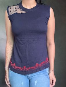 Navy Blue Top with Red Embroidery