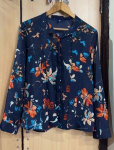 Navy Blue Floral Print Long Sleeve Top