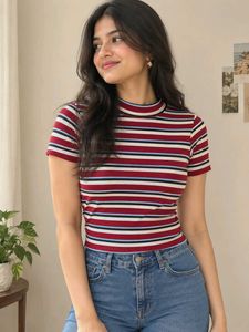 Striped Mock Neck Short Sleeve Top