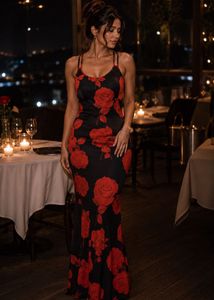 Black Rose Print Spaghetti Strap Dress