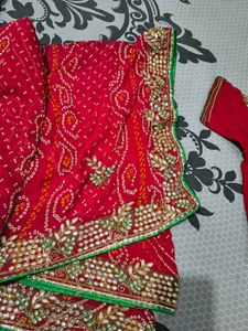 Red Bandhani Saree with Embellishments