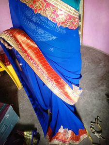 Royal Blue &amp; Coral Embroidered Saree