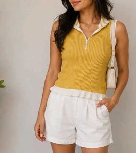 Sleeveless Ribbed Knit Zip Polo Top