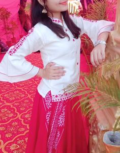 White Top And Red Side Cut Long Skirt (Ethnic Wear)