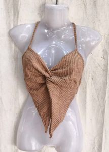 Brown Twisted Halter Neck Crop Top