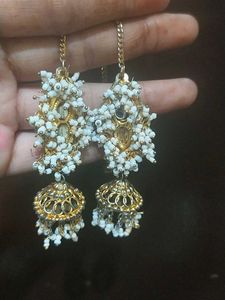 Elegant White Bead & Gold Jhumka Earrings