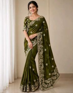 Olive Green Embroidered Silk Saree