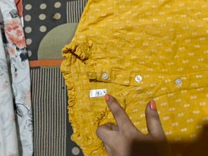 Yellow Kurta  green pants Set with Printed Sleeves