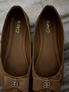 Beige Ballet Flats with Bow Detail