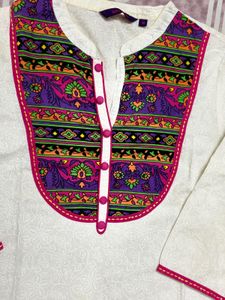 White Kurta with Embroidered Neckline