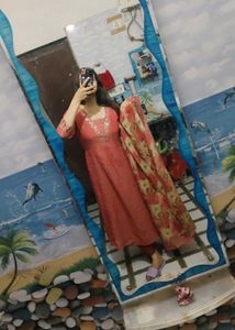 Elegant Coral Kurta Set with Dupatta