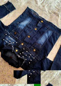 Denim Jacket with Pearls and Brown Pants