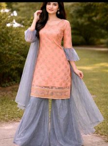 Elegant Peach Kurta Set with Grey Sharara