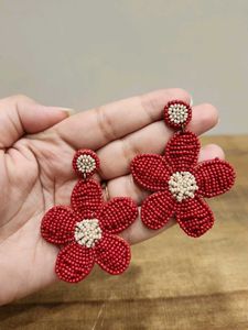 Red Beaded Flower Dangle Earrings