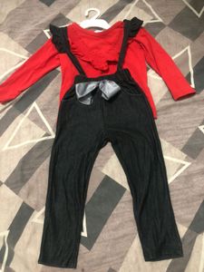 Cute Red Top &amp; Denim Overalls Set