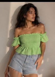 Lime Green Smocked Off-Shoulder Top