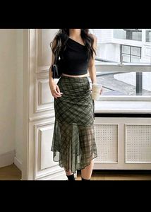 Y2K Plaid Print Ruched Midi Skirt