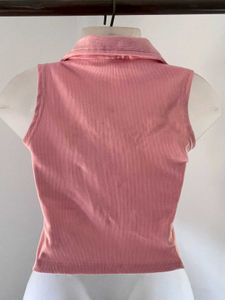 Pink Collared Sleeveless Crop Top