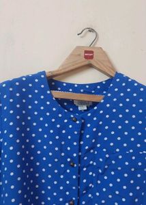 Blue Polka Dot Short Sleeve Button-Up Top