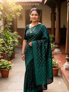Black and teal green woven saree