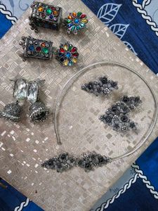 Oxidised Silver Jhumka &amp; Necklace Set