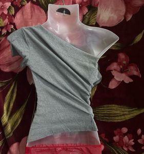 Grey Cotton Off-Shoulder Ruched Top