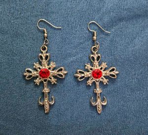 Gothic Cross Earrings with Red Gem