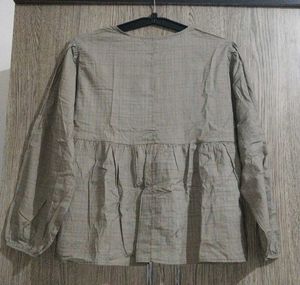 korean olive light green Checkered Long Sleeve Top