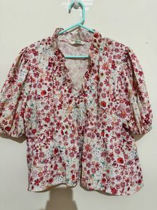 Floral Print V-Neck Puff Sleeve Top