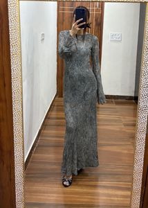 Elegant Greyish Mint Embroidered Beaded Gown