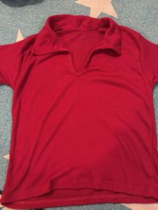 Ribbed Collared V-Neck Top