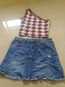Cute Brown & White Argyle Crop Top & Denim Skirt S