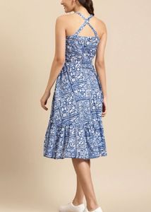 Blue Floral Print Midi Dress