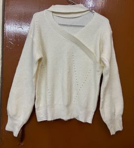 Chic White Knit Sweater with Cut-out Neck