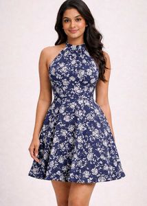 Navy Floral Halter Neck Skater Dress