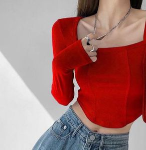 Red Square Neck Long Sleeve Top