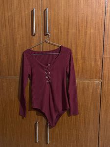 Maroon Ribbed Lace-Up Bodysuit