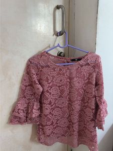 Elegant Pink Lace Top with Ruffle Sleeves
